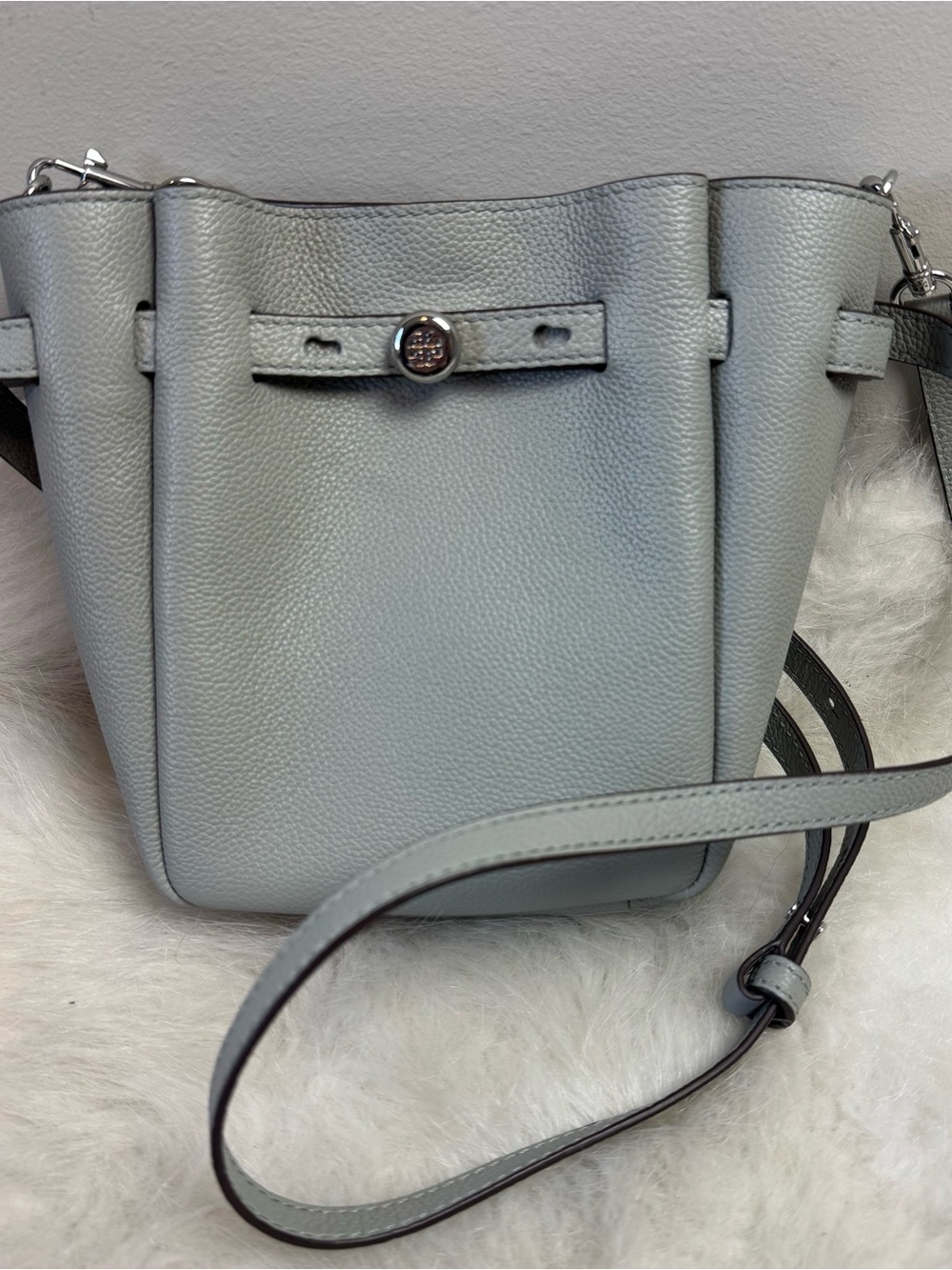 Tory Burch Romy Mini Small Leather Crossbody Tote Bag Light Granite - Picture 7 of 12